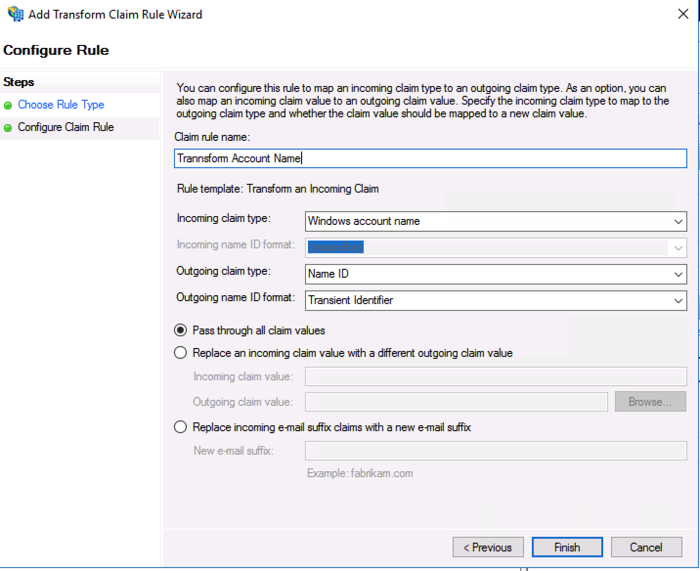 Transform an Incoming Claim rule from Windows account name to Name ID with Transient Identifier format