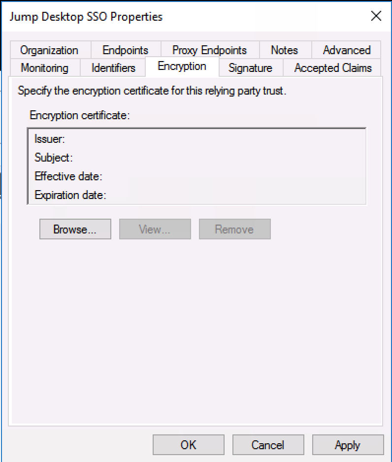 Encryption tab after the certificate is removed