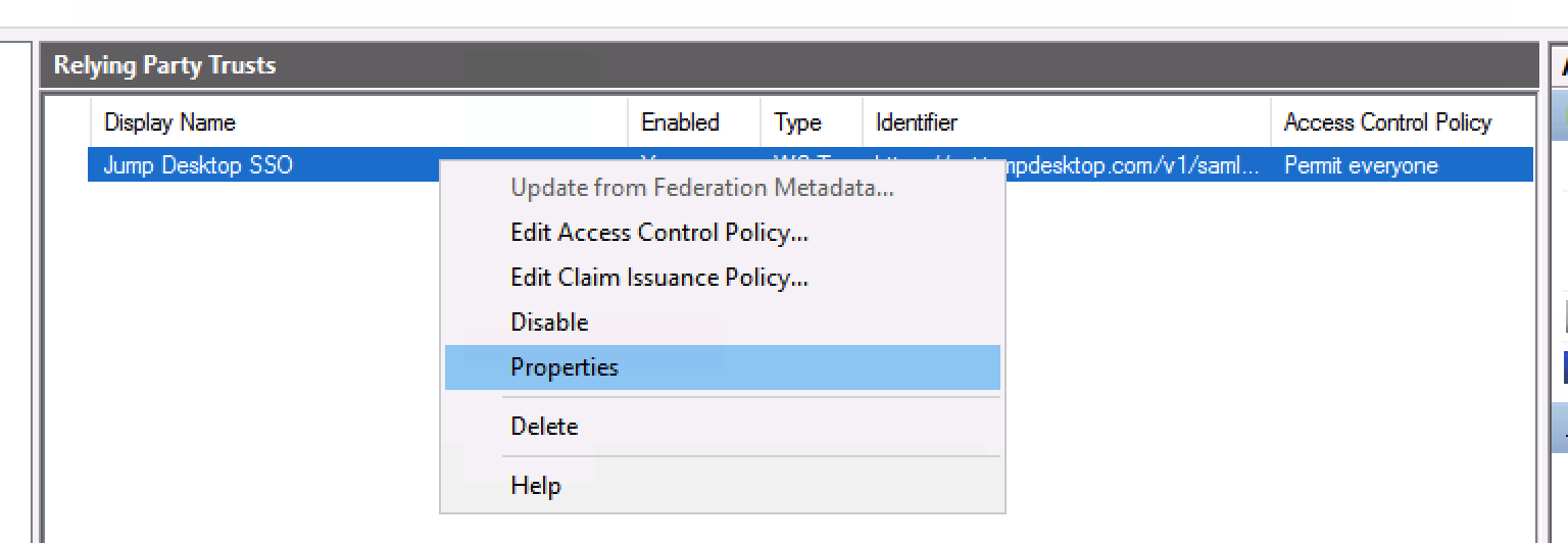 Relying Party Trusts context menu with Properties