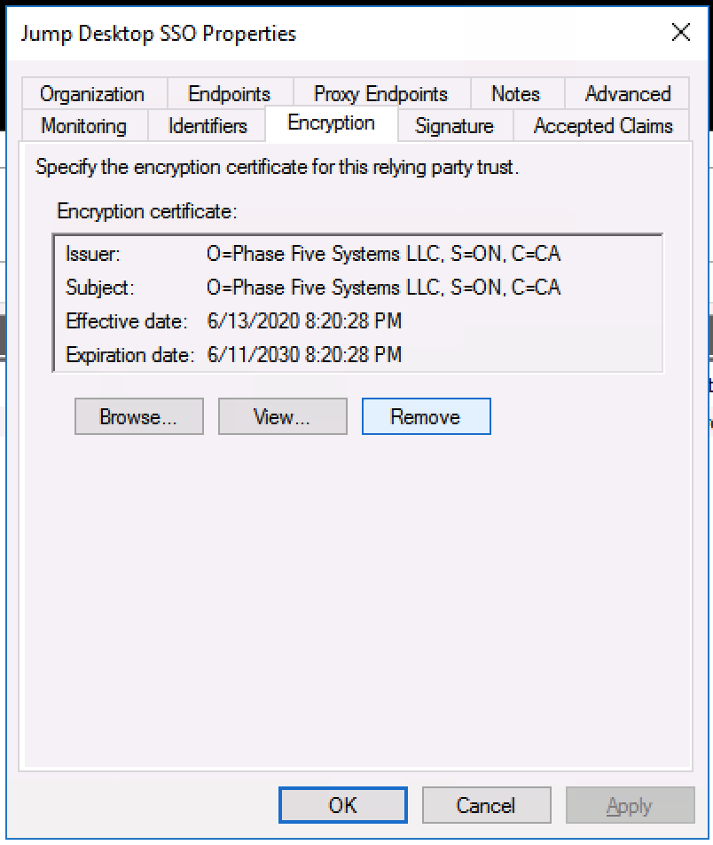 Relying party trust Encryption tab with an encryption certificate and the Remove button