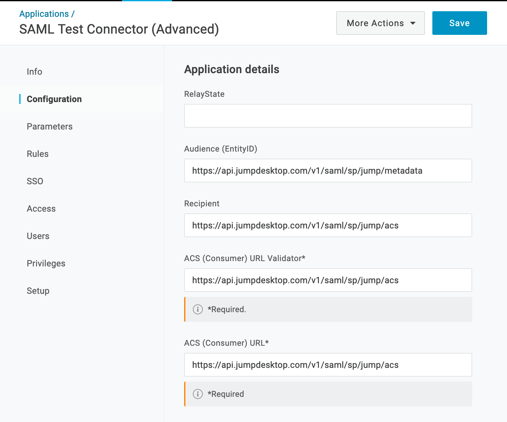 OneLogin Configuration page with Audience, Recipient, ACS URL Validator, and ACS URL filled in