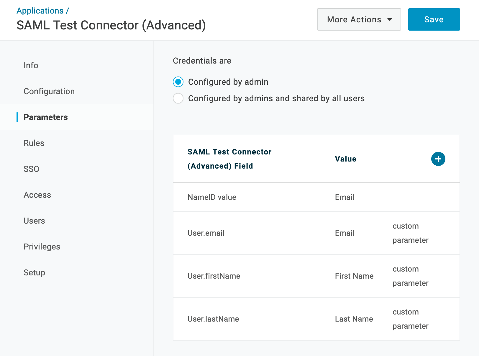 OneLogin Parameters page listing User.email, User.firstName, and User.lastName