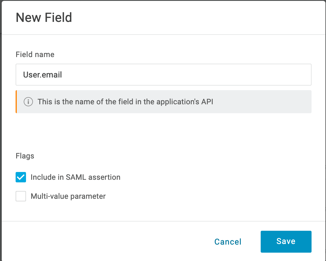 OneLogin New Field dialog for User.email with Include in SAML assertion checked