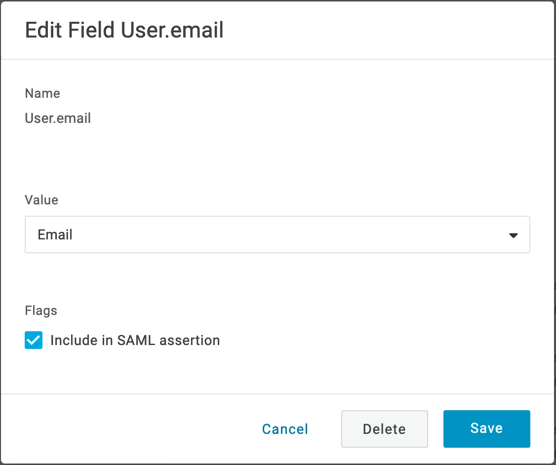 OneLogin Edit Field dialog with User.email set to Email
