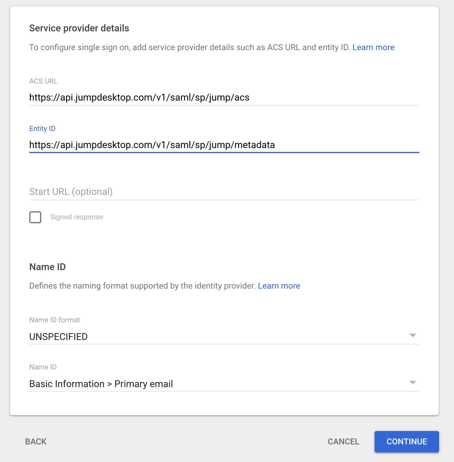 Google Admin Service provider details with ACS URL and Entity ID filled in
