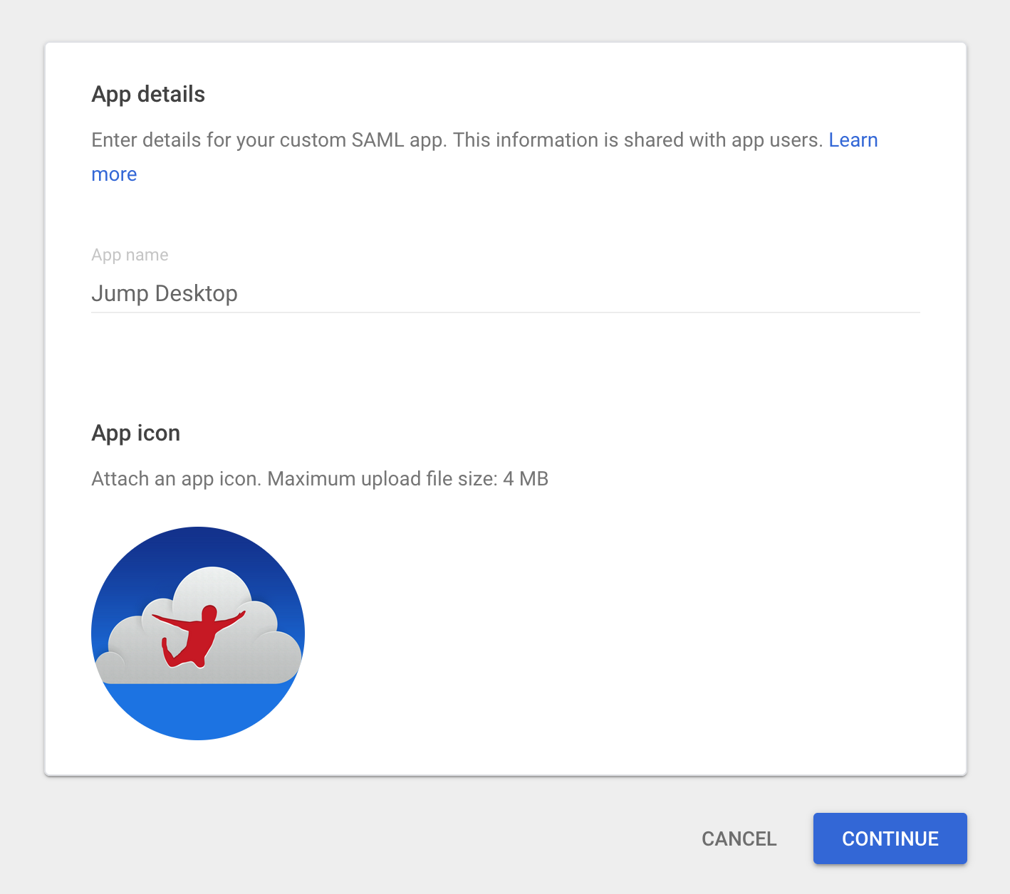 Google Admin custom SAML app details with the app name Jump Desktop