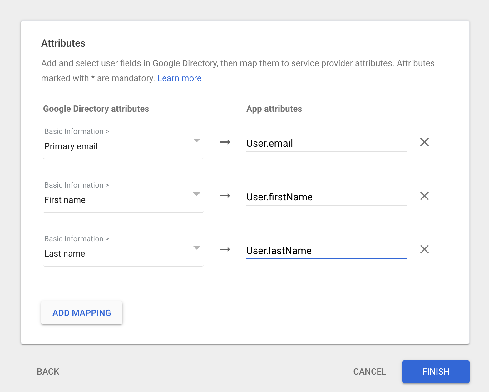 Google Admin attribute mappings for Primary email, First name, and Last name