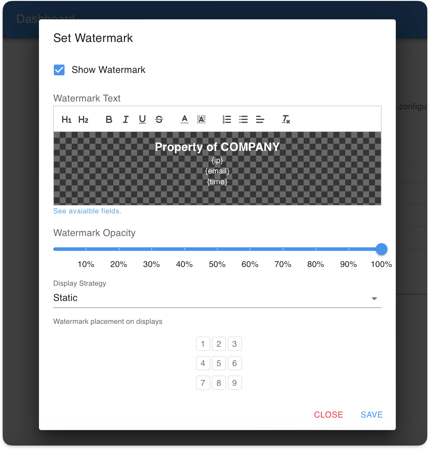 Set Watermark dialog with Show Watermark selected, watermark text with fields, opacity slider, Static strategy, and the nine placement positions