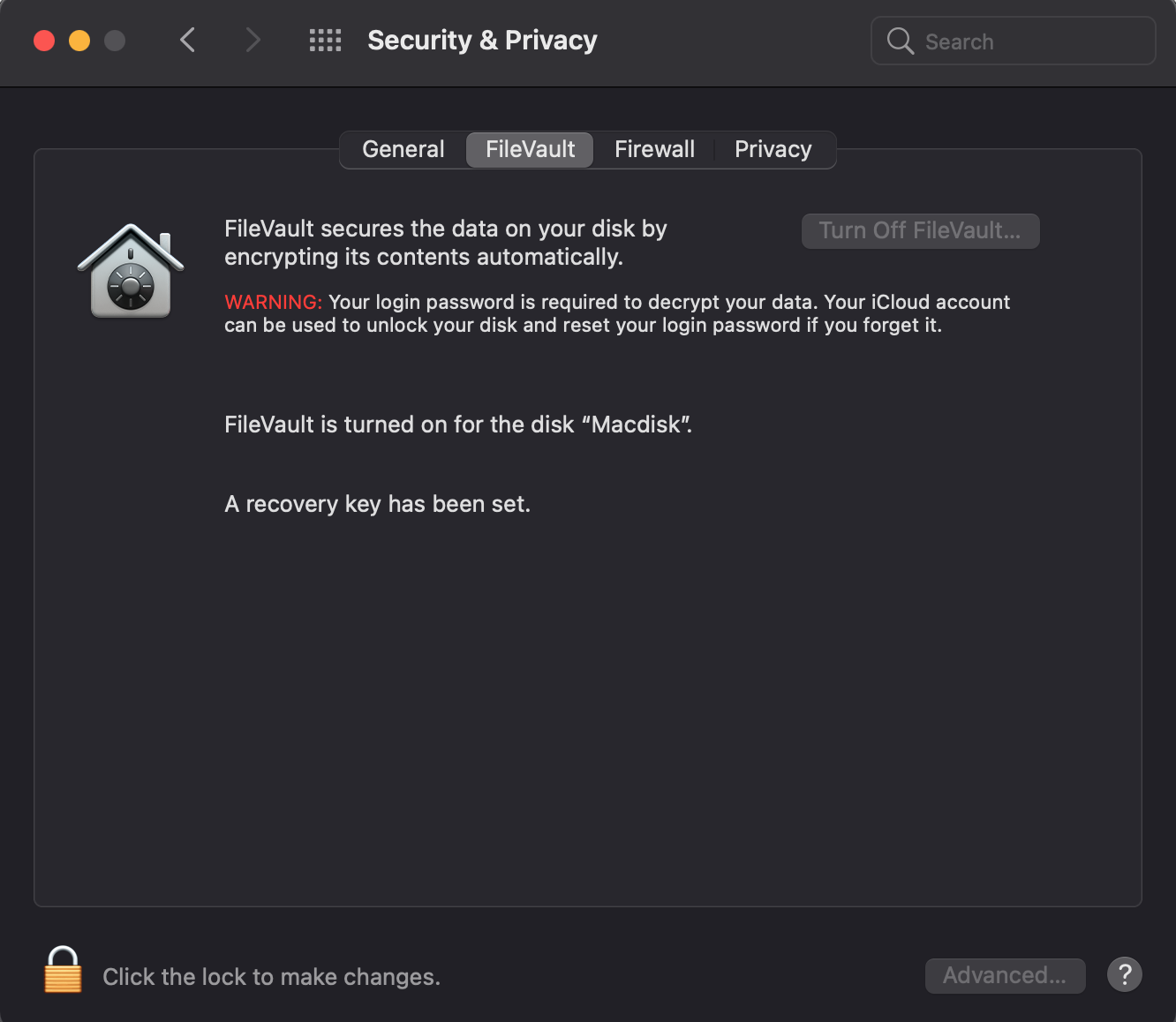 FileVault settings on an older macOS version showing FileVault is turned on