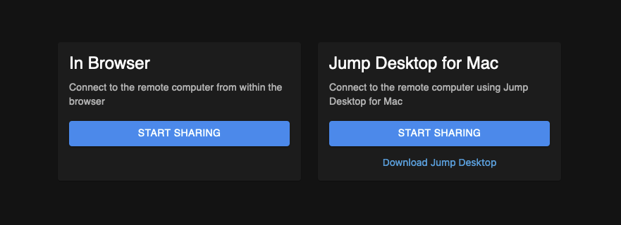 Screen sharing page with In Browser and Jump Desktop for Mac options, each with a Start Sharing button