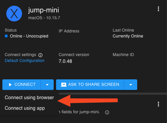 Computer details with the Connect menu open, showing Connect using browser and Connect using app