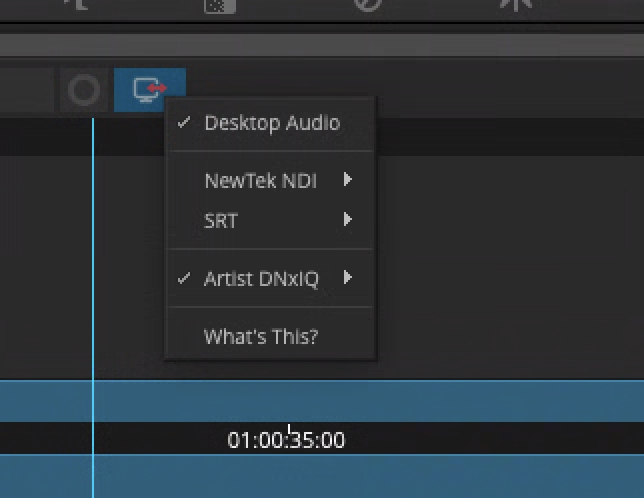 Avid hardware menu with Desktop Audio and a DNxIQ device both selected
