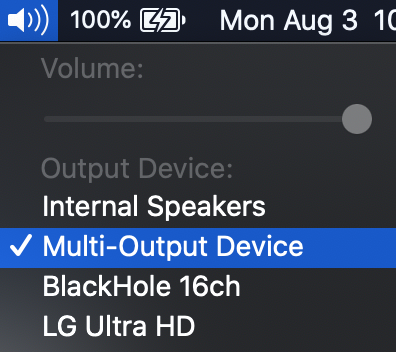 macOS sound menu with Multi-Output Device selected