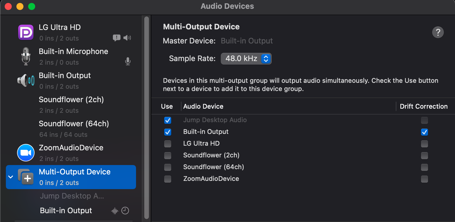 Audio MIDI Setup with a Multi-Output Device using Jump Desktop Audio and Built-in Output