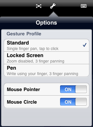 Gesture Profile options with Standard, Locked Screen, and Pen, and Mouse Pointer and Mouse Circle switches