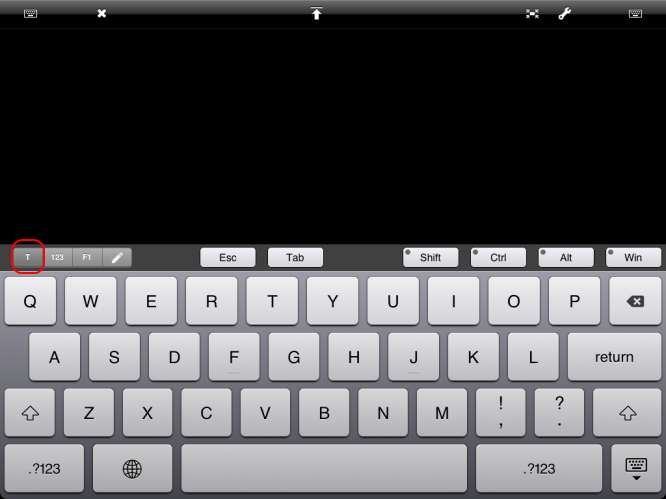 iPad on-screen keyboard with the extra keys row showing Esc, Tab, Shift, Ctrl, Alt, and Win