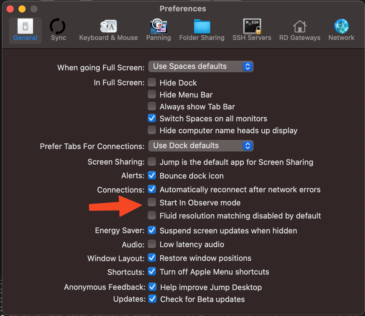 Jump Desktop for Mac General settings with Start In Observe mode highlighted