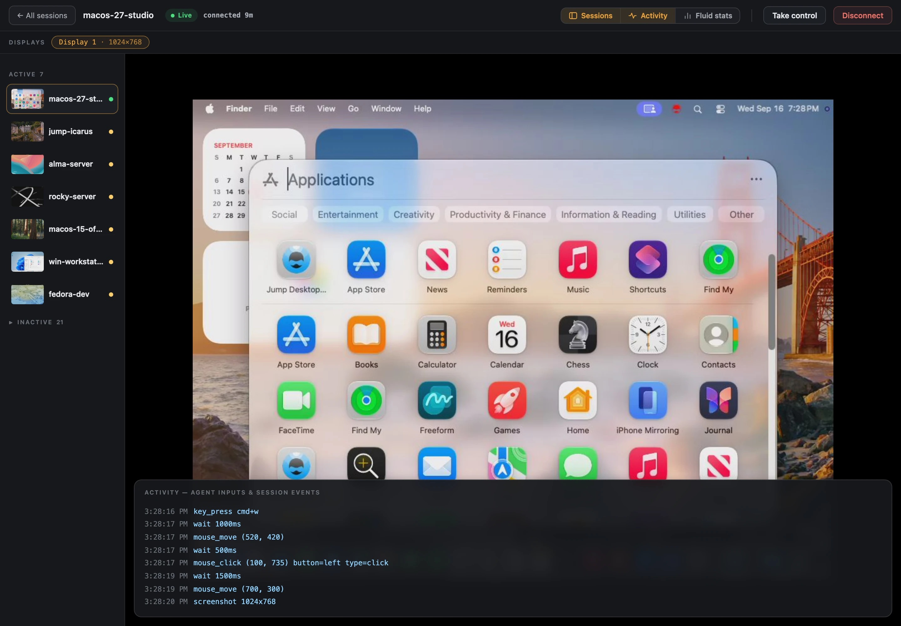 A Mission Control session page with the Activity panel listing the agent's mouse, keyboard, and screenshot actions