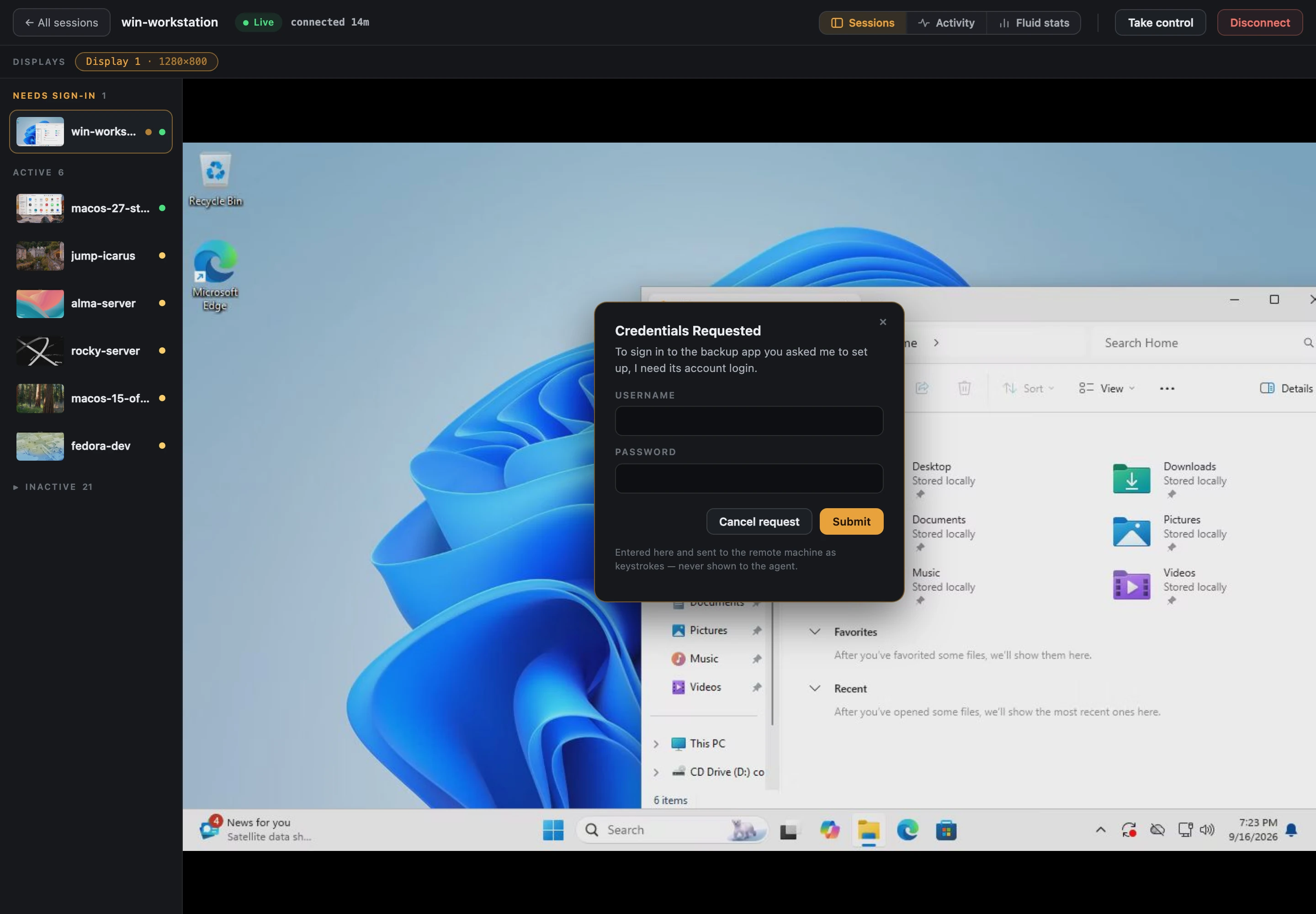 A Credentials Requested form in Mission Control with the agent's reason and Username and Password fields