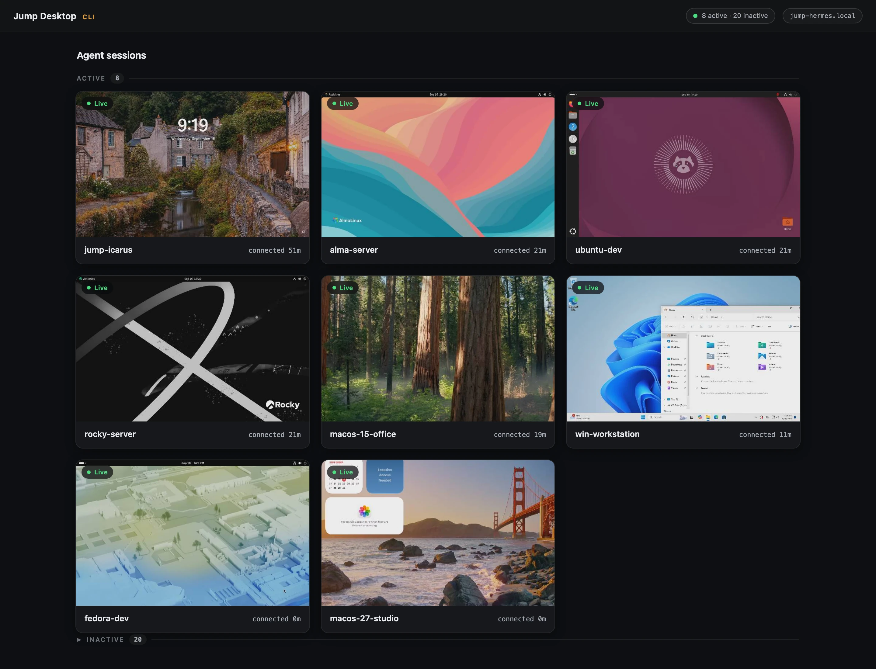 Mission Control showing eight live agent sessions on Windows, macOS, and Linux hosts