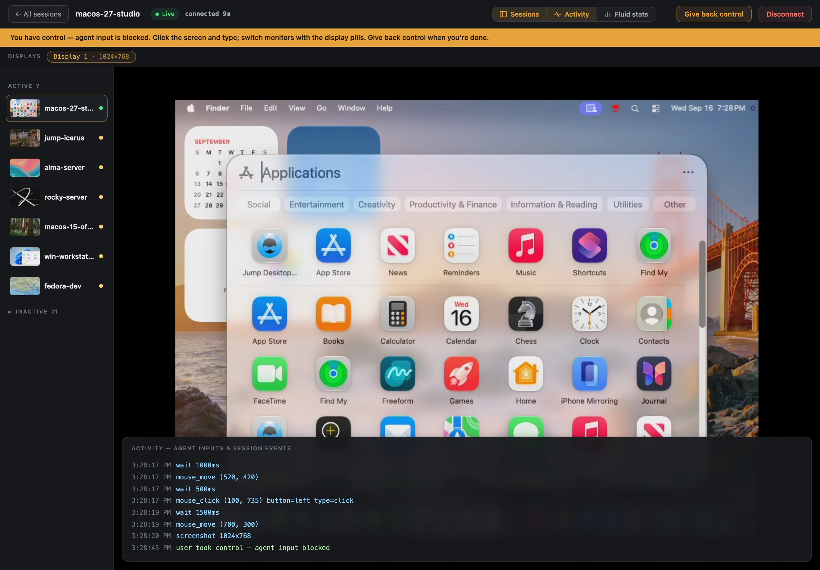 A Mission Control session after taking control, with the You have control banner, Give back control button, and Activity panel