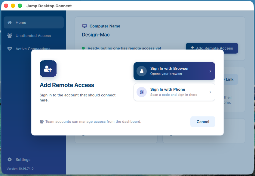 Jump Desktop Connect window on macOS with the Add Remote Access sheet showing Sign In with Browser and Sign In with Phone