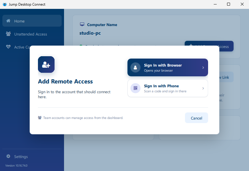 Jump Desktop Connect window on Windows with the Add Remote Access dialog showing Sign In with Browser and Sign In with Phone