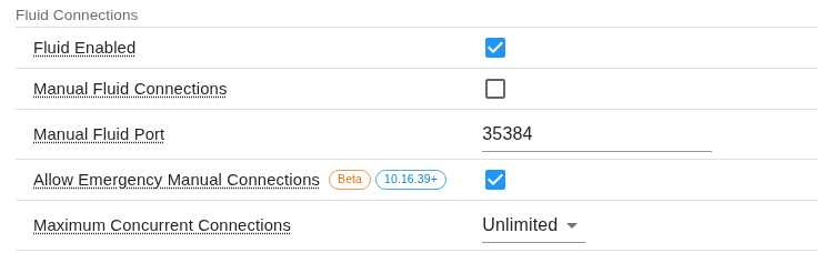 Fluid Connections settings in a Connect Configuration with Allow Emergency Manual Connections selected, labeled Beta and 10.16.39+