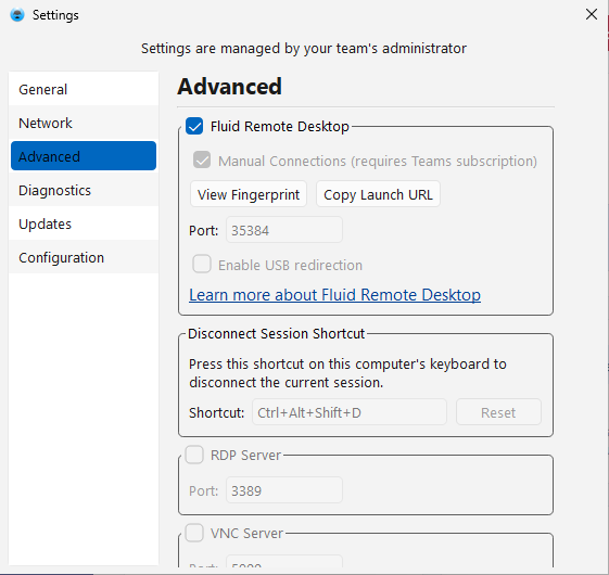 Jump Desktop Connect Settings on Windows with Manual Connections turned on and locked and its port locked by the override