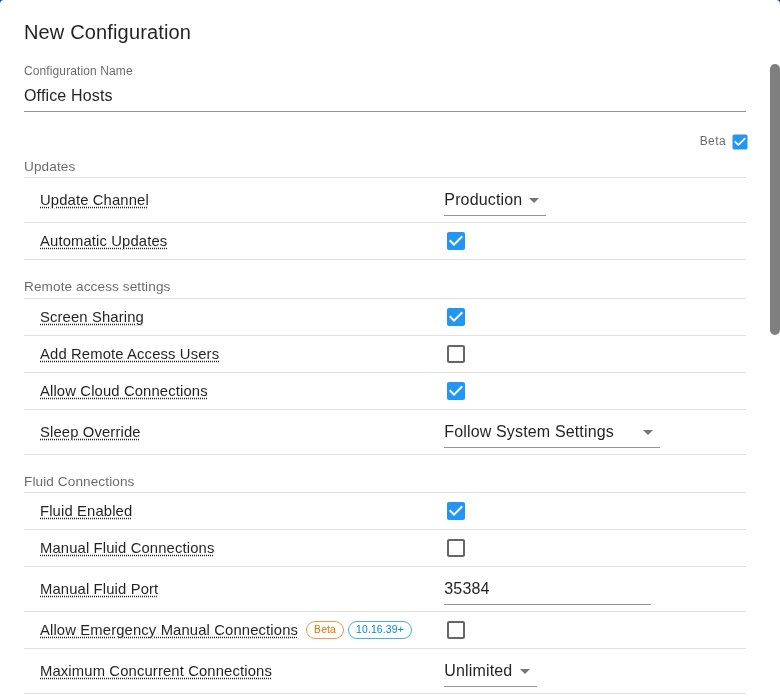 Connect Configuration editor with the Beta check box selected at the top right, showing Allow Emergency Manual Connections with a Beta label under Fluid Connections