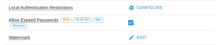 Allow Expired Passwords setting selected under Fluid Settings, labeled Beta, 10.16.39+, Mac and Windows
