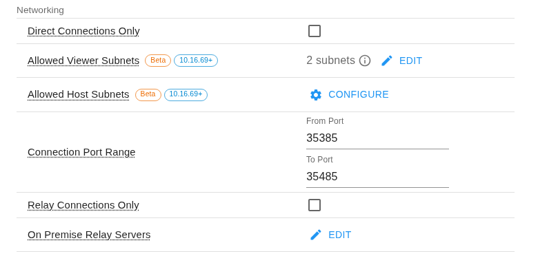Networking settings in a Connect Configuration, with Allowed Viewer Subnets set to 2 subnets and Allowed Host Subnets not configured