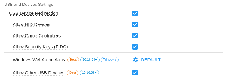 USB and Devices Settings in a Connect Configuration with USB Device Redirection and Allow Other USB Devices on, and Windows WebAuthn Apps set to Default