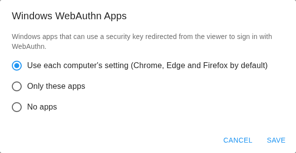 Windows WebAuthn Apps dialog with Use each computer's setting selected, and the Only these apps and No apps options