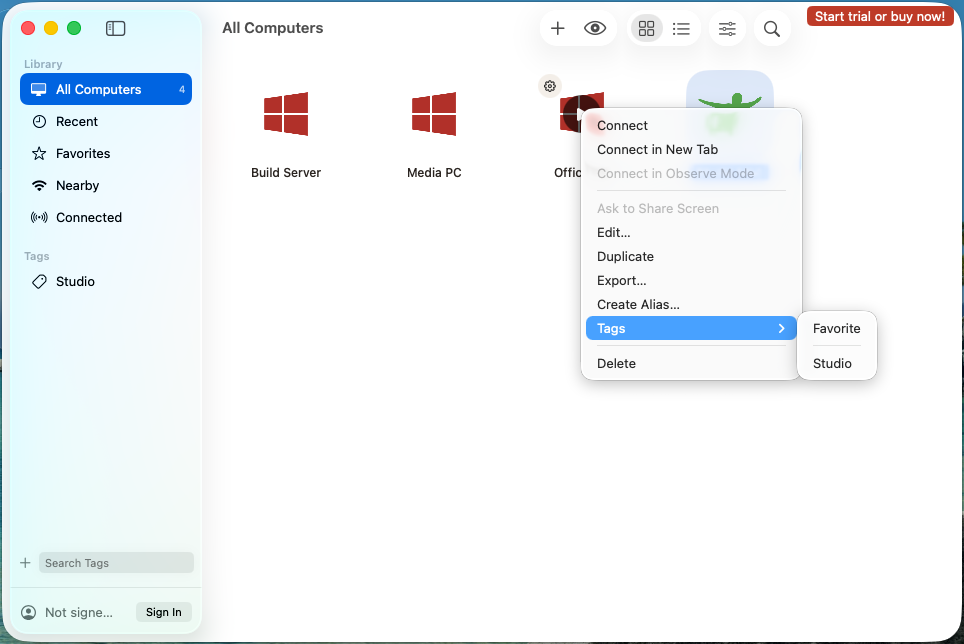 Shortcut menu for a computer in Jump Desktop for Mac with the Tags submenu showing Favorite and Studio