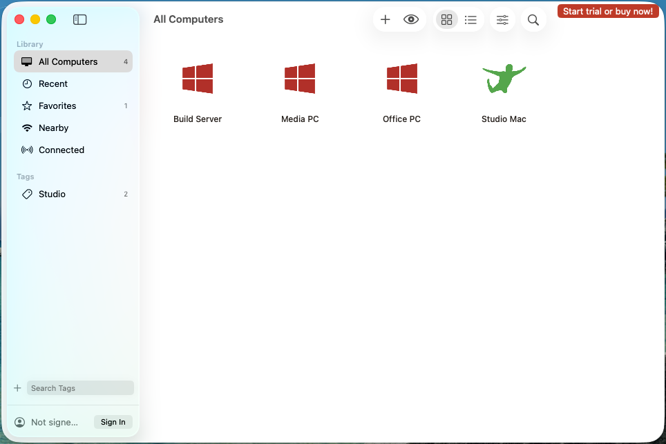 Jump Desktop for Mac computer list with the sidebar showing All Computers, Recent, Favorites, Nearby, Connected, and a Studio tag